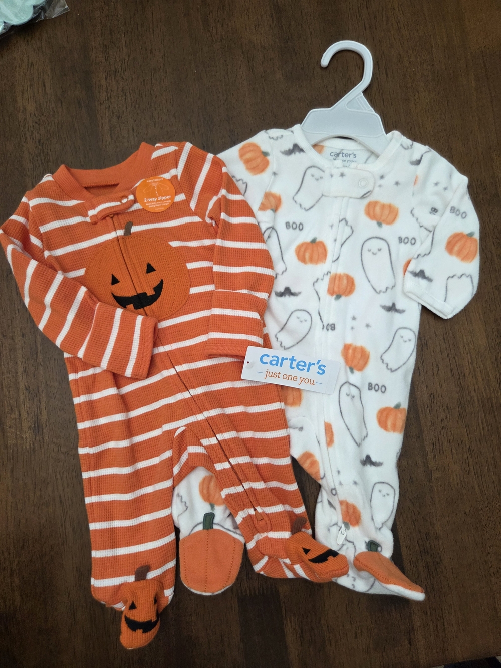 Carter's Orange & White Halloween Pumpkin Footed One-Pieces (2-Pack)